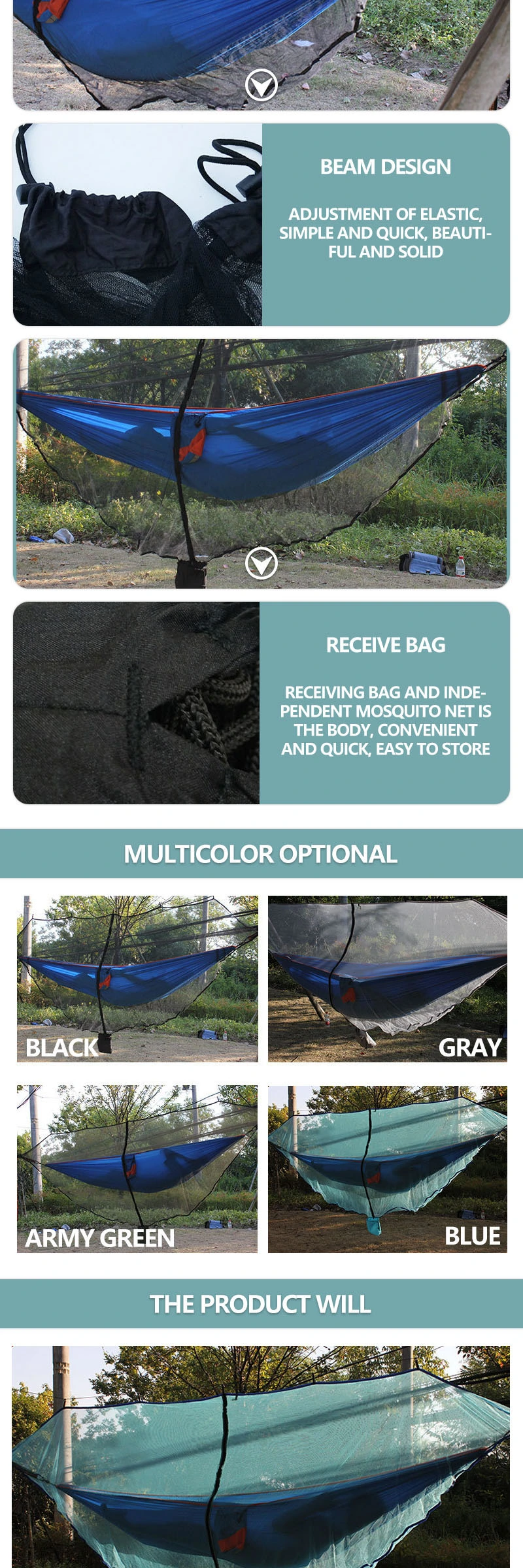 High Quality Outdoor Durable Parachute High Duty Camping Hammock with Tree Straps and Mosquito Net