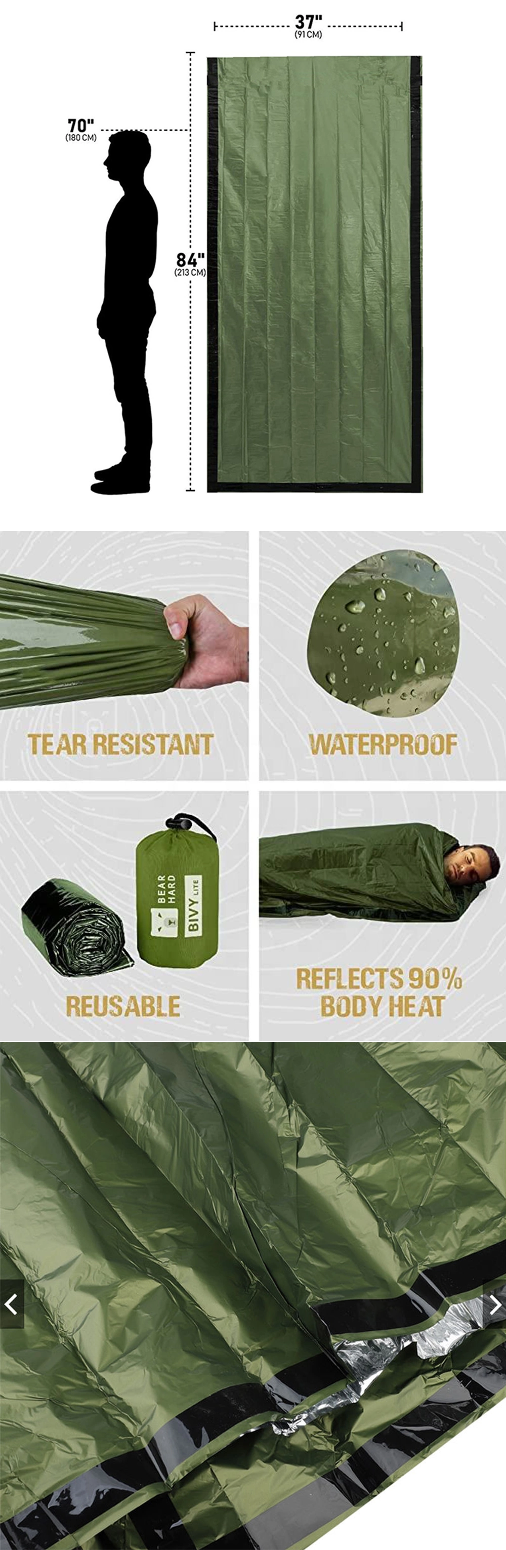 Emergency Bivy Sack Tactical Gear Life Saving Survival Sleeping Bag Emergency Camping Gear Mylar Thermal Bivvy